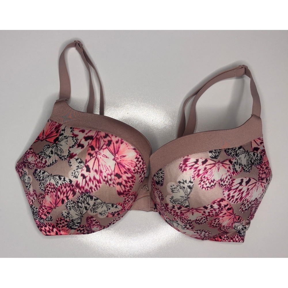 Victoria's Secret Butterfly Print Push-Up Bra Pink Taupe 34D Underwire Logo
